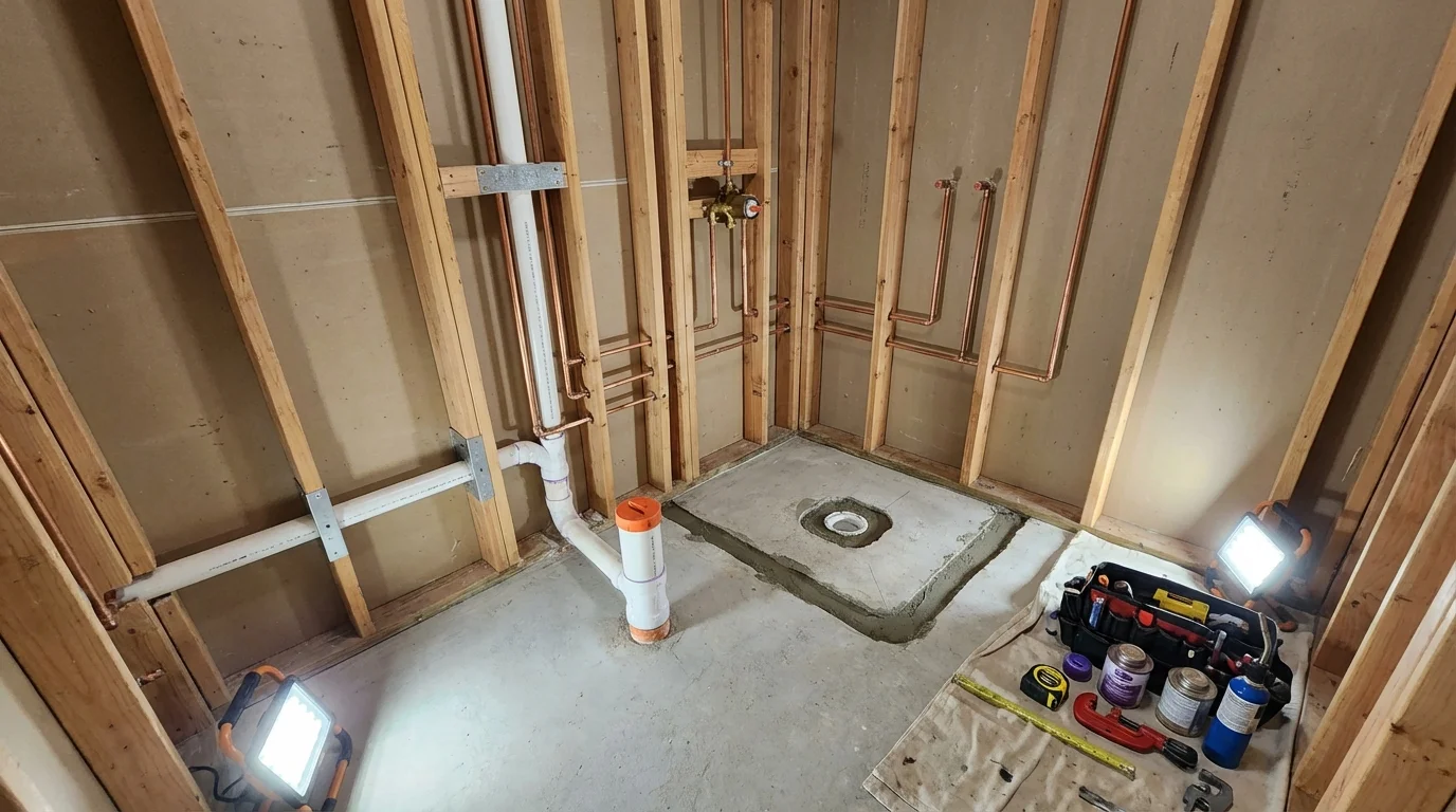 Bathroom rough-in plumbing during remodel by Johns Plumbing LLC in Montoursville