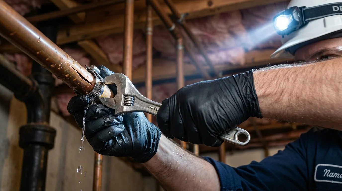 Emergency pipe clamp repair being performed by a Johns Plumbing LLC plumber in Montoursville