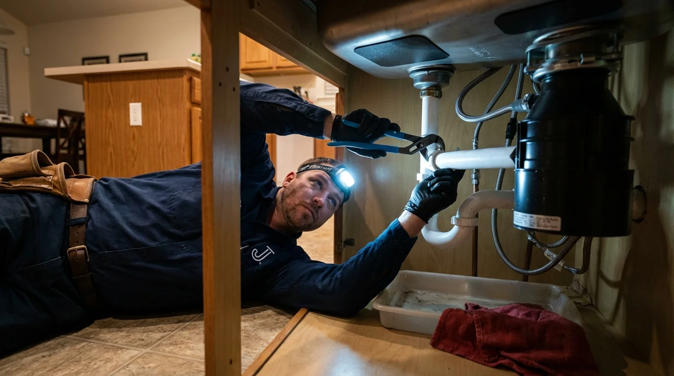 P-trap and supply line connections under a kitchen sink showing a common leak point in Montoursville, PA